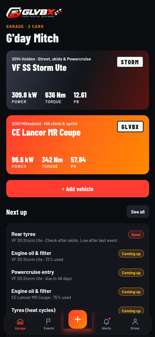 GLVBX app garage screen showing a Holden VF SS Storm Ute and a Mitsubishi CE Lancer with power, torque and personal bests