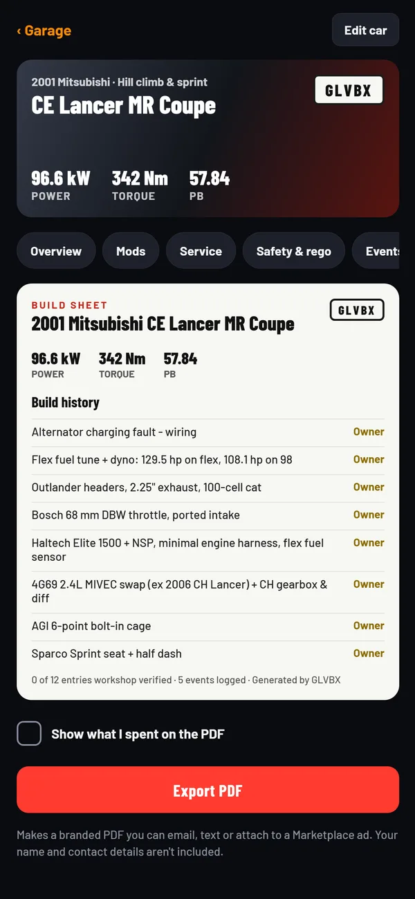 GLVBX build sheet screen
